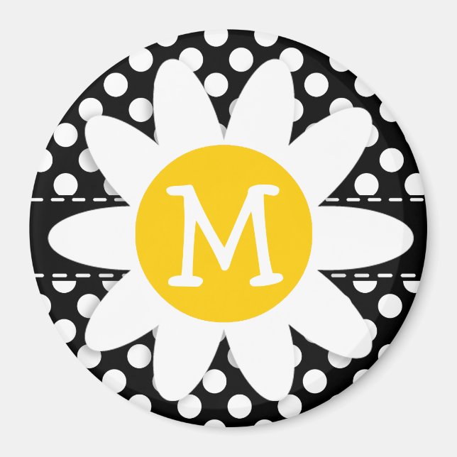 Imán Daisy sobre puntos de polka blanco y negro (Frente)