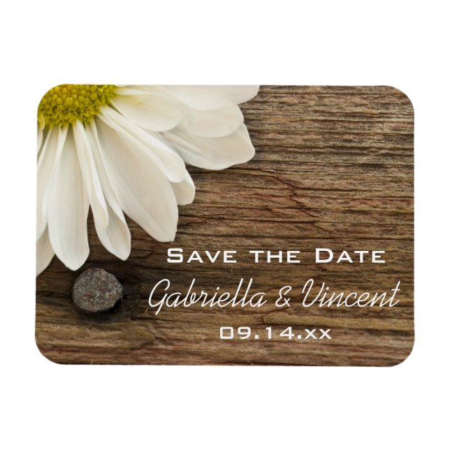 Imán Daisy y Barn Wood Country Wedding Salven la fecha (Horizontal)