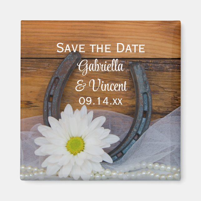 Imán Daisy y Horseshoe Country Wedding Salven la fecha (Frente)