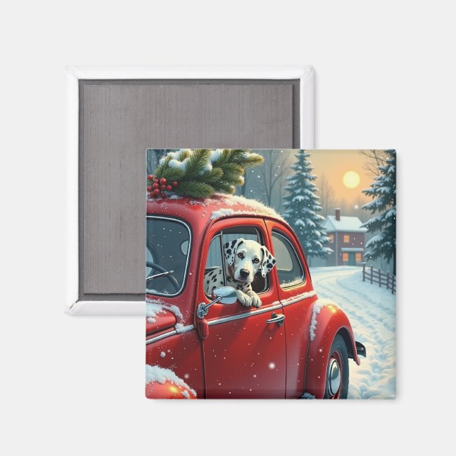 Imán Dalmatian Snowy Car Ride Christmas Painting (Anverso/Reverso)