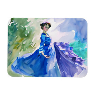 Imán Dama con vestido azul - Pintura de color de agua