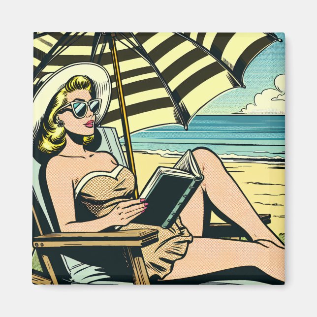 Imán Dama de arte pop retro en la playa (Frente)
