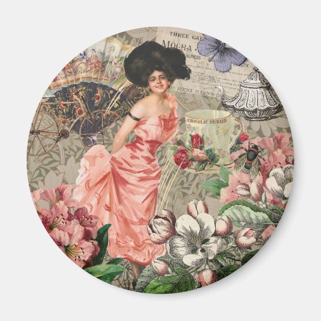Imán Dama de café mujer victoriana rosa vestido rico (Frente)