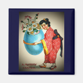 Imán Dama japonesa vintage, grano de huevo con flores,