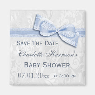 Imán Damasco Blanco y Azul Bow Baby Shower Guardar la f
