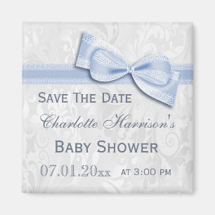 Imán Damasco blanco y reserva azul de Baby Shower del