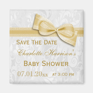 Imán Damask Blanco y Gold Bow Baby Shower Guardar la fe
