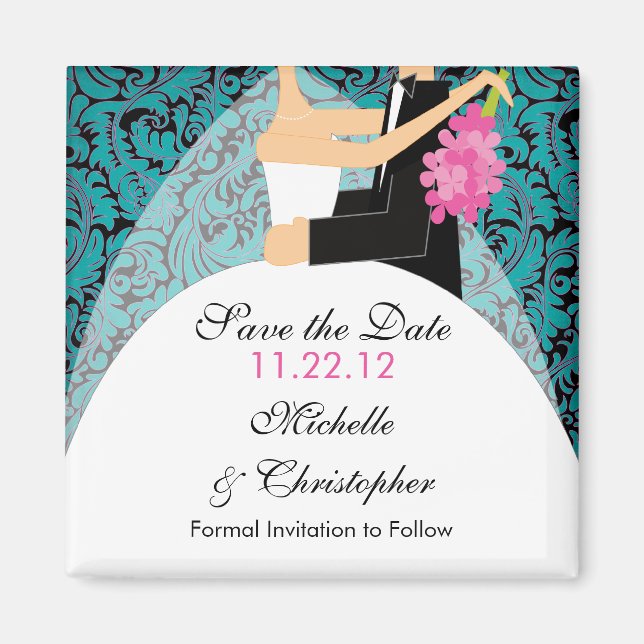 Imán Damask Bride & Groom Save the Date Magnet (Frente)