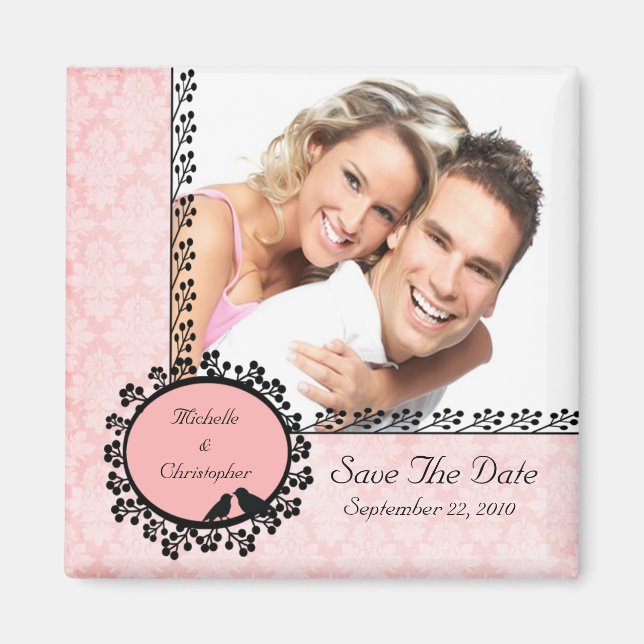 Imán Damask Love Birds Foto Save the Date Magnet (Frente)