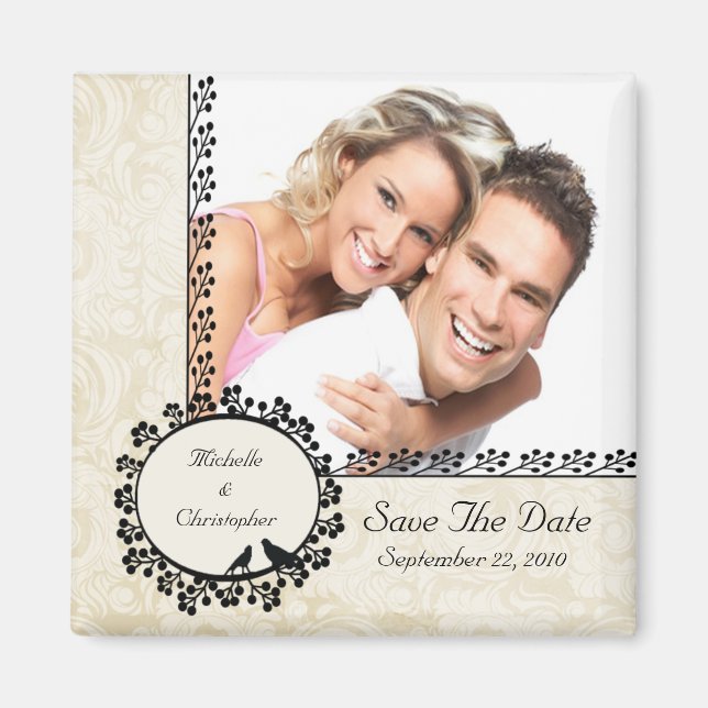 Imán Damask Love Birds Foto Save the Date Magnet (Frente)