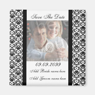 Imán Damask White Save The Date Photo Magnet