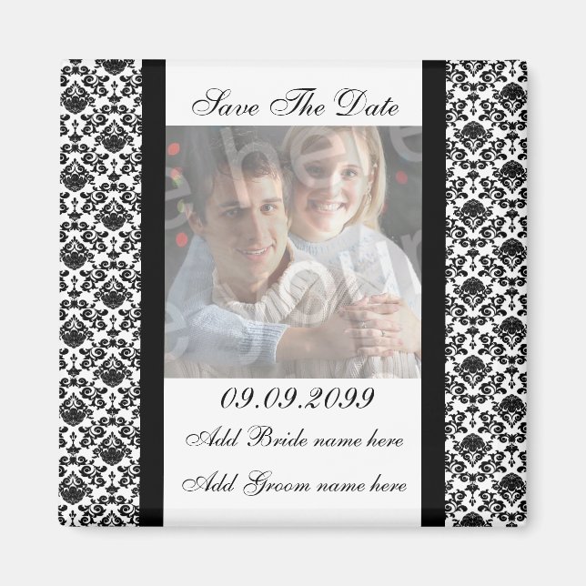 Imán Damask White Save The Date Photo Magnet (Frente)