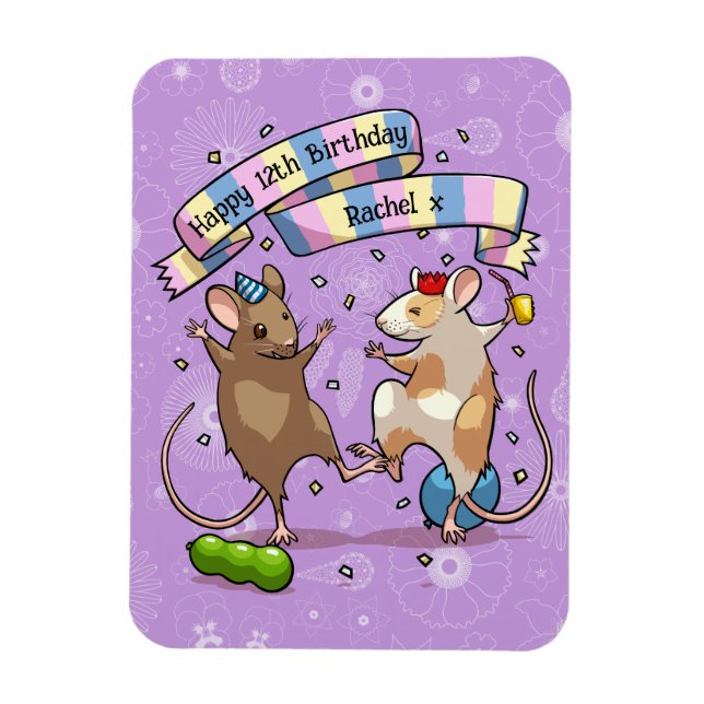 Imán Dancing Mice Name & Age Happy Birday Fiesta (Vertical)