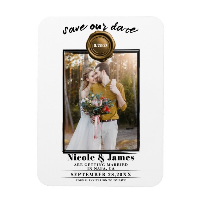 Imán Dark Gold Wax Seal Photo Wedding Save the Date (Vertical)