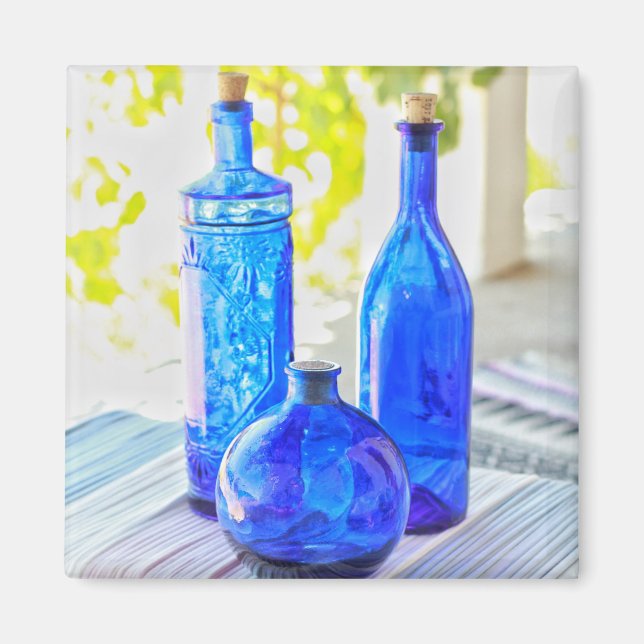 Imán de 3 Botellas de Vidrio Azules Hermosas y Ele (Frente)