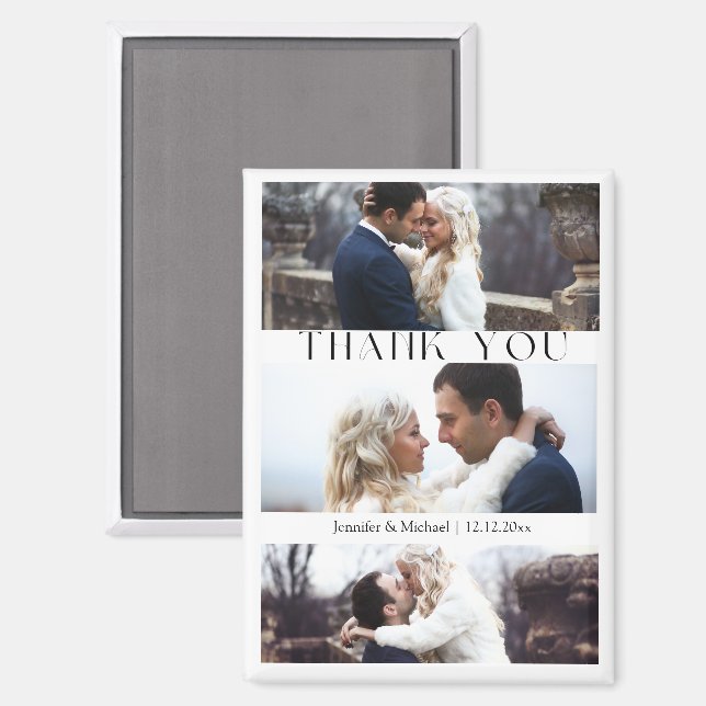 Imán de agradecimiento de boda con collage de 3 fo (Anverso/Reverso)