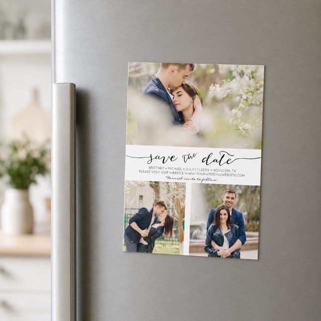 Imán de Ahorro de Fecha de Colaje con Letra a Mano (Pick the best pictures from your engagement shoot or your favorite pictures for this save the date.)