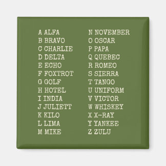 Imán de alfabeto fonético de aviación - Verde mili
