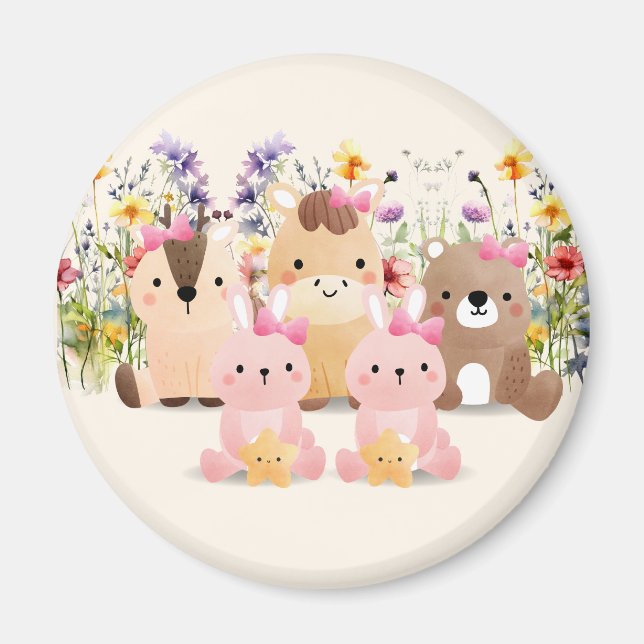 Imán de animales bebés y campo de flores silvestre (Frente)