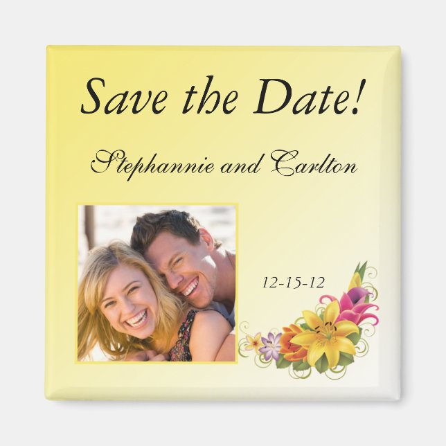 Imán de anuncio de boda con ramo de flores (Frente)