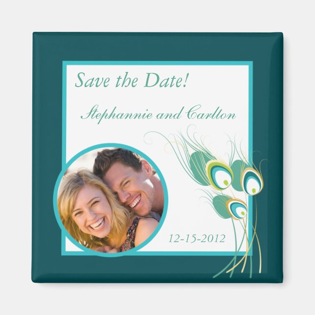 Imán de anuncio de boda de pavo real azul moderno (Frente)