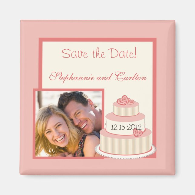 Imán de anuncio de pastel de boda de rosa/crema (Frente)