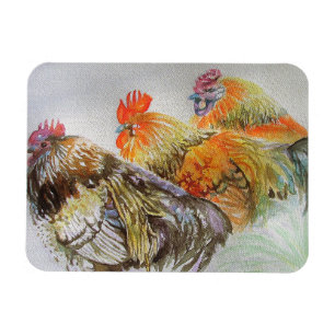Imán de arte acuarela de gallo gallinas