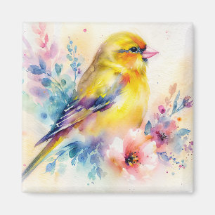 Imán de arte acuarela Floral de Pinzón Amarillo