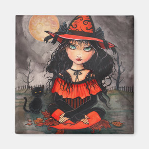 Imán de arte de gato bruja de Halloween con ojos g