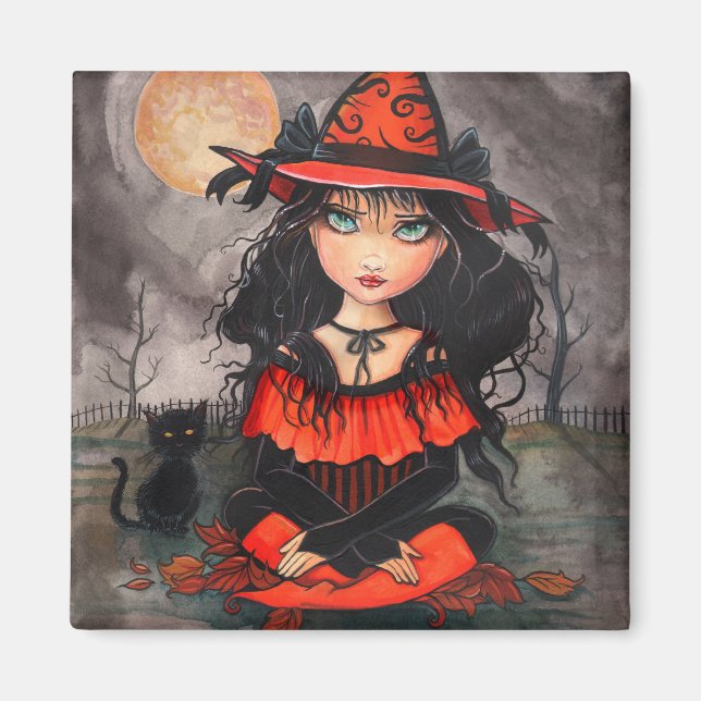 Imán de arte de gato bruja de Halloween con ojos g (Frente)