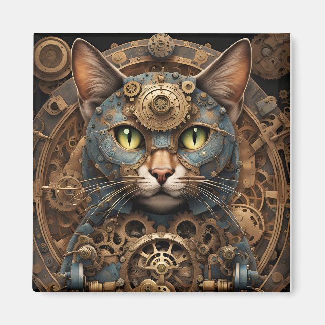 imán de arte de IA para el gato steampunk azul (Frente)
