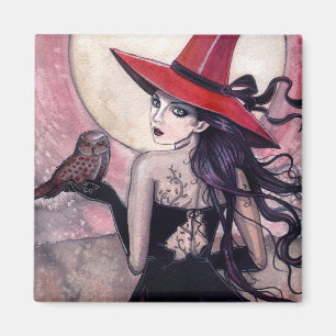Imán de Arte Fantástico de Bruja y Búho