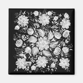 Imán de Arte Popular Floral en Blanco y Negro Mono