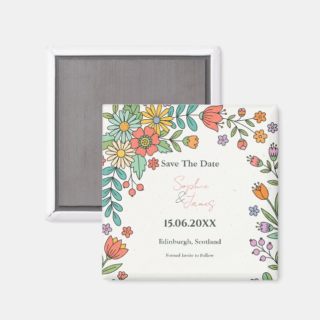 Imán de aviso de boda floral folk juguetón (Anverso/Reverso)
