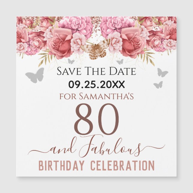 Imán de aviso de cumpleaños 80 en rosa floral (Anverso)
