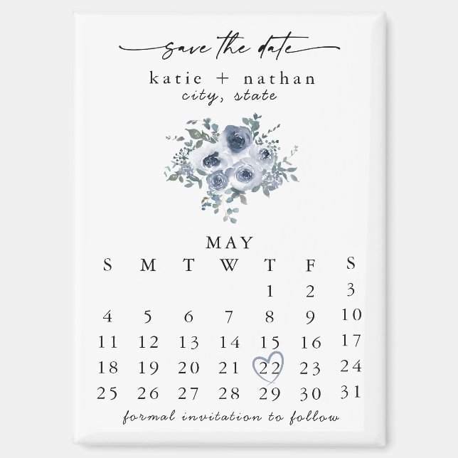 Imán de aviso de fecha de dusty blue floral (Anverso)