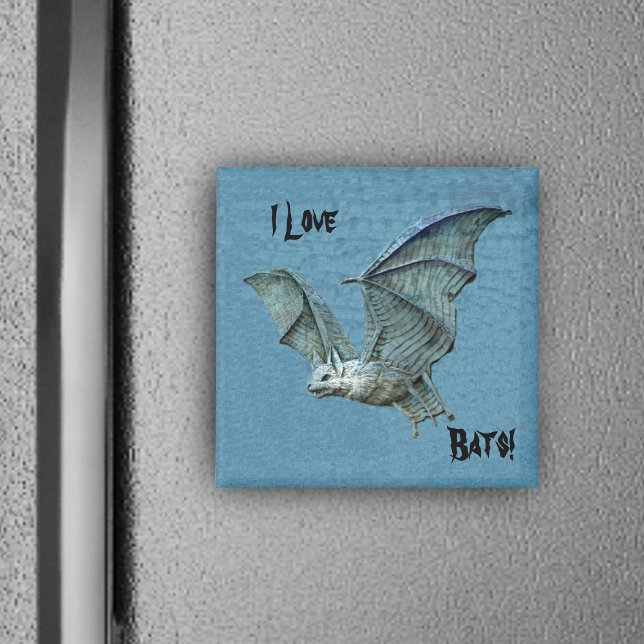 Imán de ayuda por murciélagos azules voladores (I love Bats blue magnet with flying blue bat white face.)
