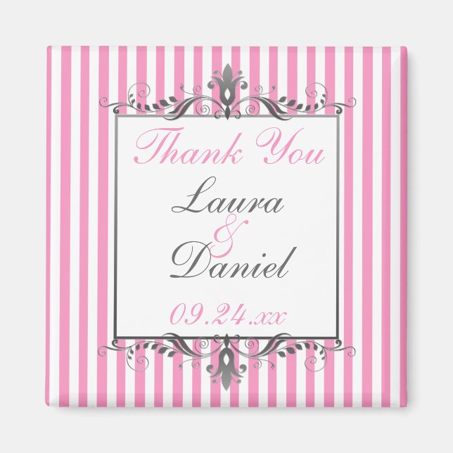 Imán de boda a rayas rosadas y blancas (Frente)