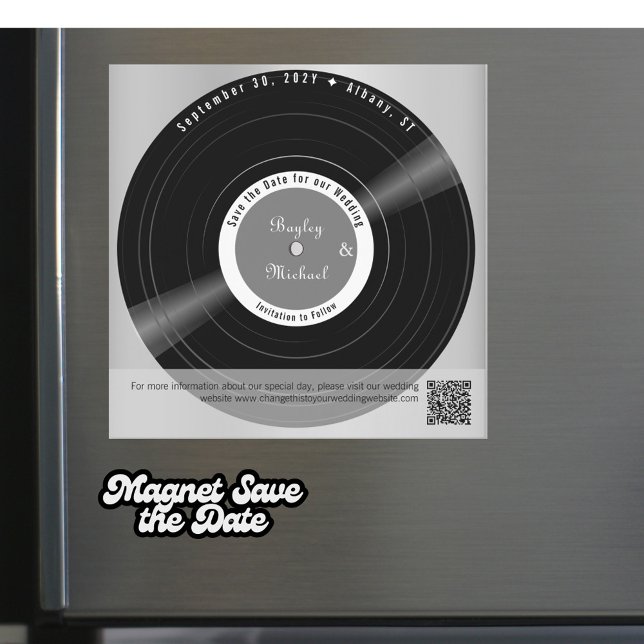 Imán de boda de vinilo retro para guardar la fecha (A simple and elegant retro vinyl record magnet save the date magnetic card)