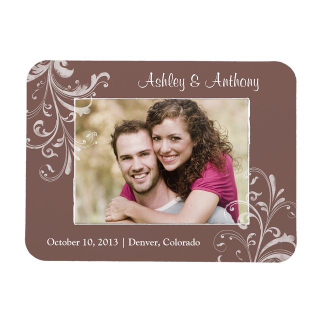 Imán de Boda fotográfico con flores blancas marron (Horizontal)