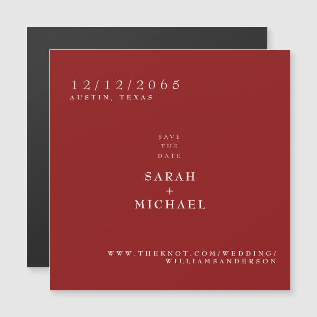 Imán de boda simple rojo rubí para salvar la fecha (Anverso/Reverso)