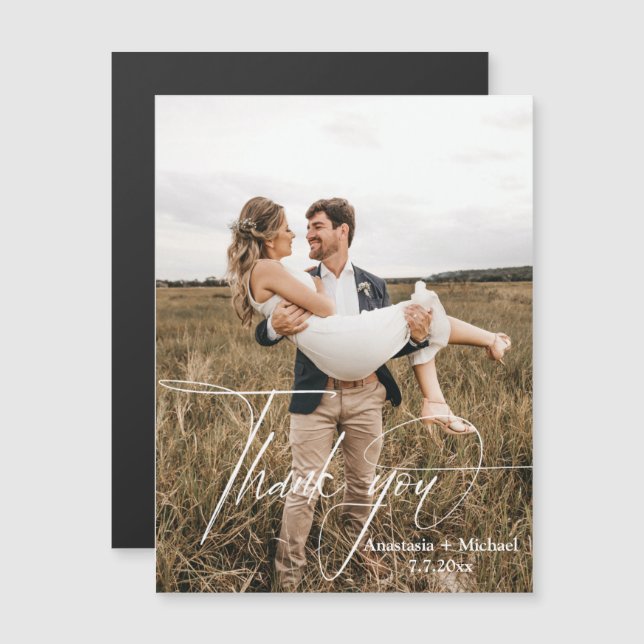 imán de bodas con foto de agradecimiento con letra (Anverso/Reverso)