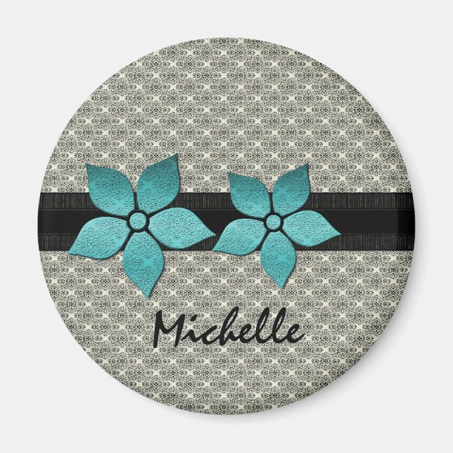 Imán de borde a rayas de las flores de damasco (Frente)