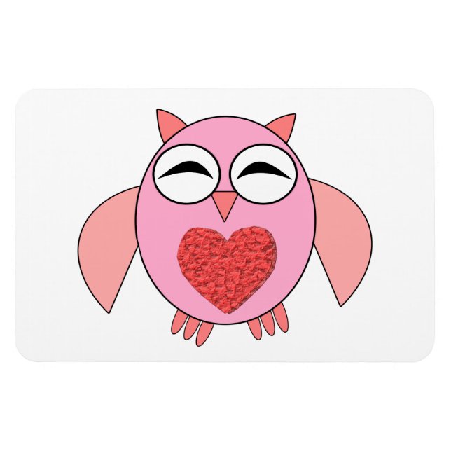 Imán de búho con corazón de amor rosa (Horizontal)