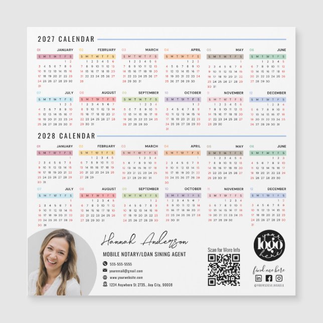 Imán de calendario 2027 - 2028 con código QR y log (Anverso)