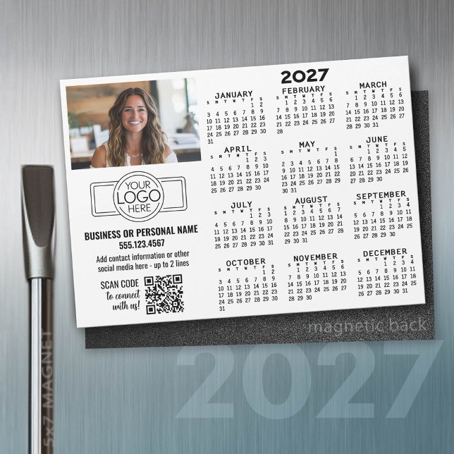 Imán de calendario 2027 -- logotipo, código QR, fo (2027 Calendar on a magnet)