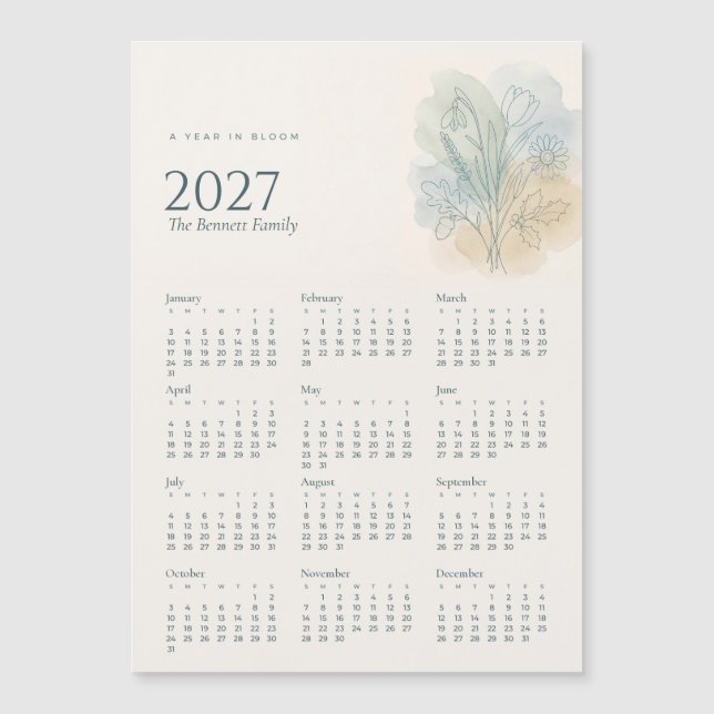Imán de calendario familiar botánico 2027 (Anverso)