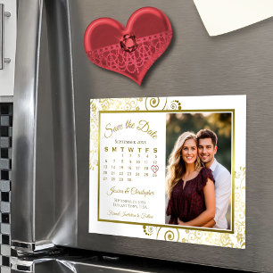 Imán de calendario y foto dorado y blanco para gua
