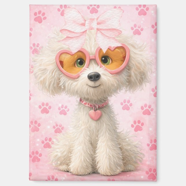 Imán de Caniche Adorable con Huellas de Pata Rosad (Anverso)