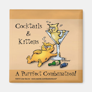 Imán de cartón dorado de cócteles y gatitos
